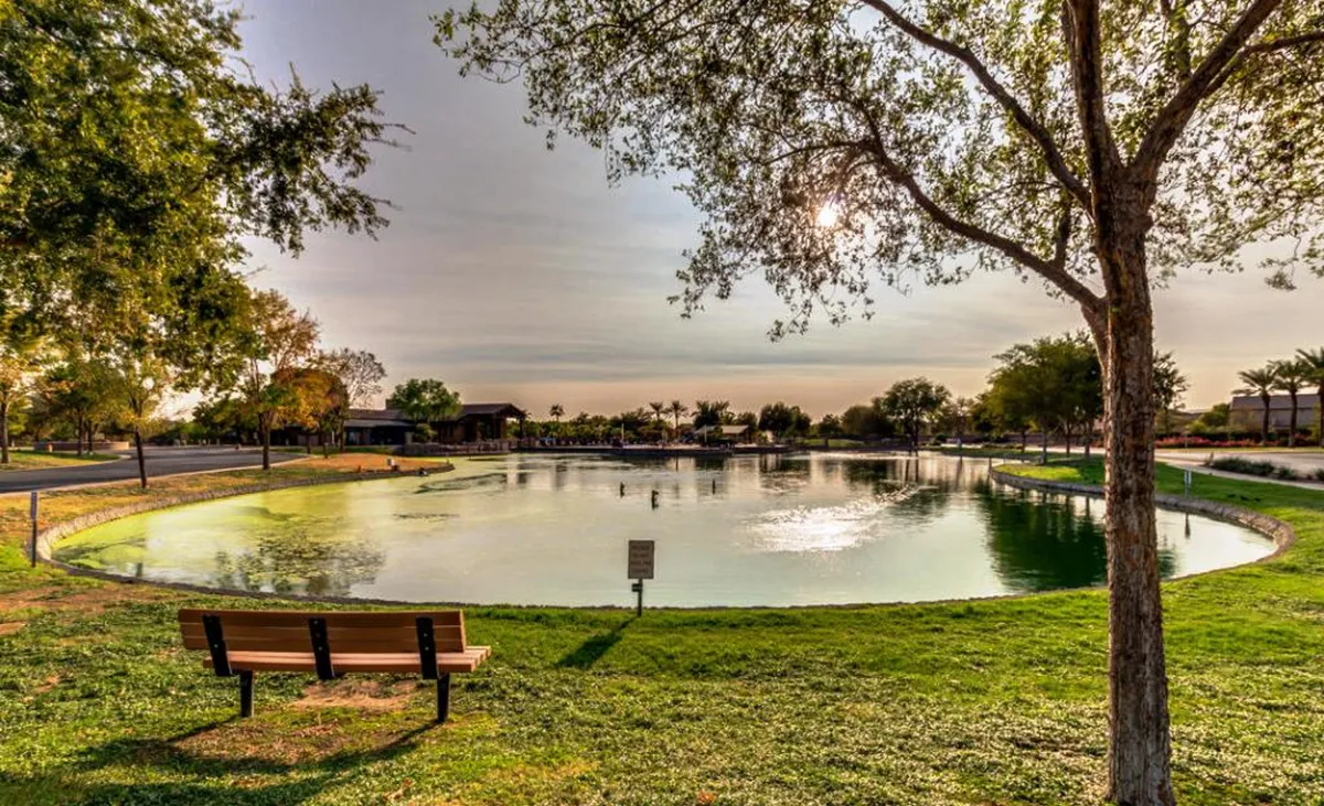 A tranquil scene with benches beside a pond, framed by trees. The peaceful outdoor setting offers opportunities for walking, picnicking, or simply relaxing—encouraging group exploration and quiet moments of connection.