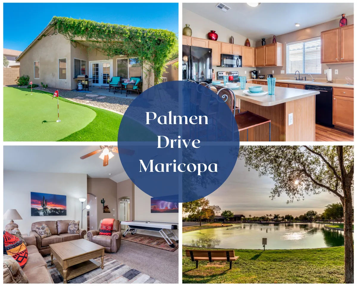 The image showcases a spacious open-concept living area with a modern kitchen island, plush seating for family gatherings, and expansive windows overlooking a serene lake and private golf putting green. The warm Arizona sunset bathes the room in golden light, hinting at evenings spent relaxing indoors or enjoying barbecues on the patio.